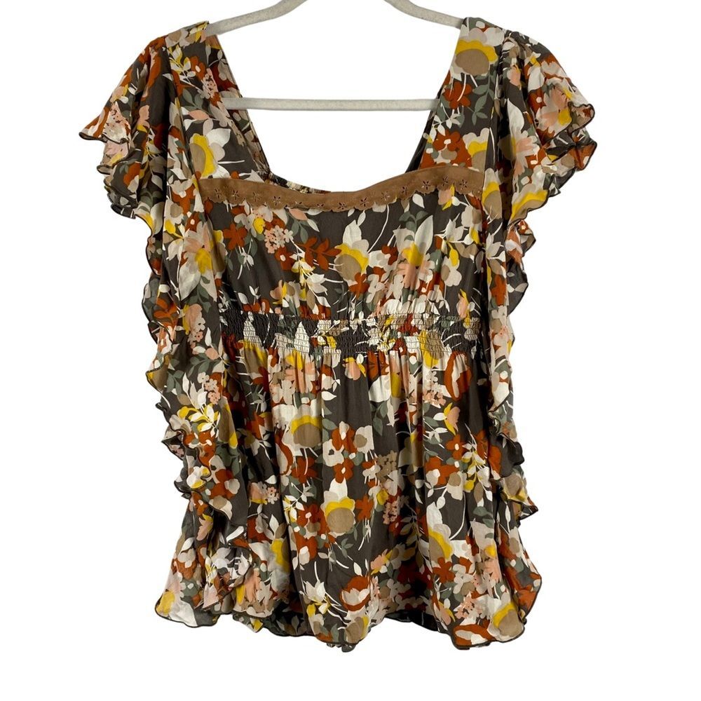 Candies Green Rust Floral Smocked Square Neck Short Sleeve Top Ruffle Sides Med